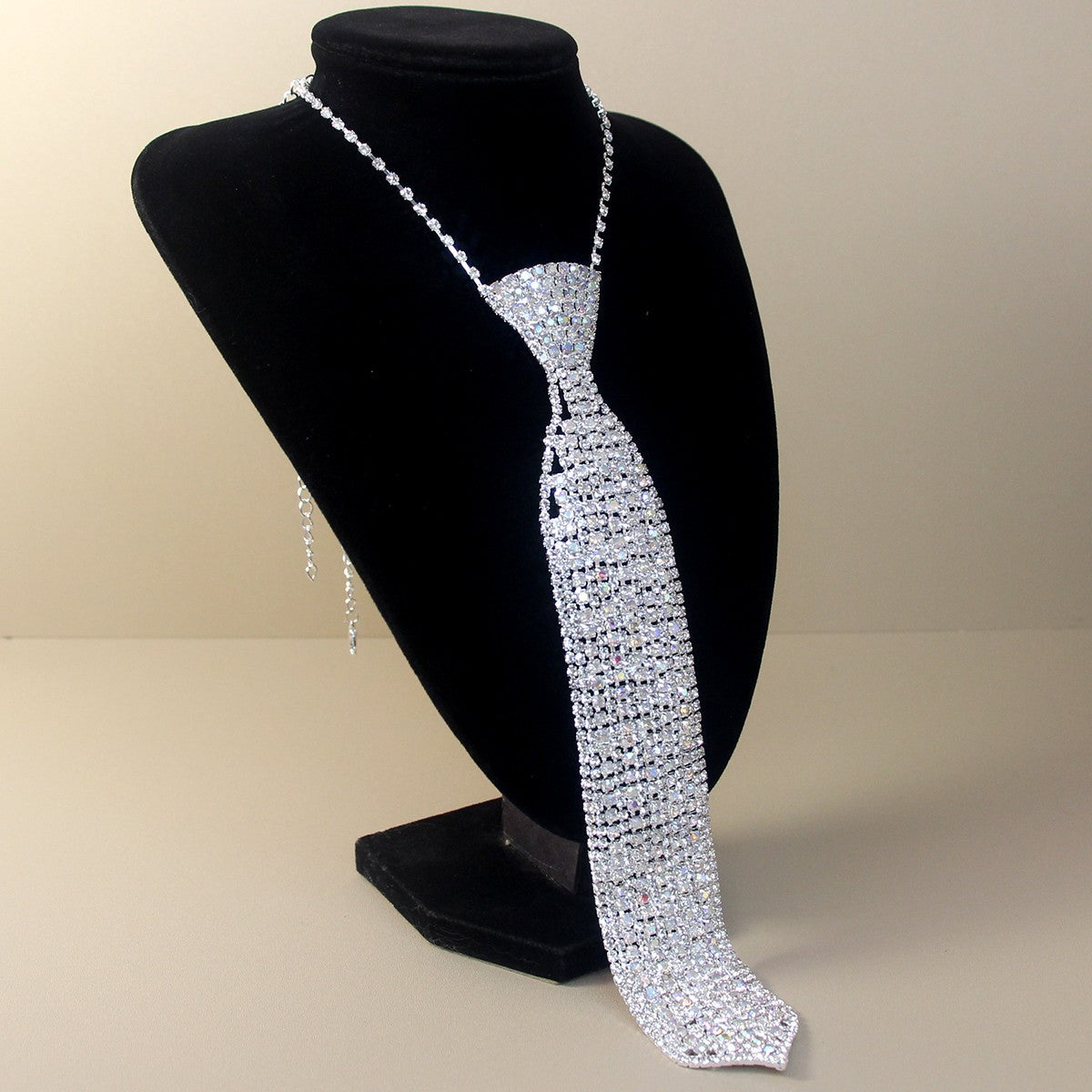 Sparkling Rhinestone Necktie Necklace Silver Tone Crystal Statement Choker