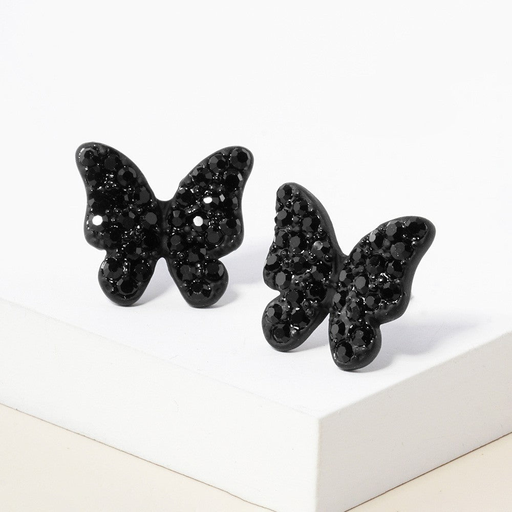 2pcs Black Gold Butterfly Earrings Post Back Sparkly Rhinestone Studs Jewelry