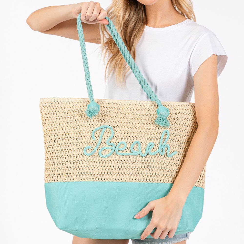 BEACH Embroidered Crochet Tote Bag with Rope Handles Summer Beach Bag Blue