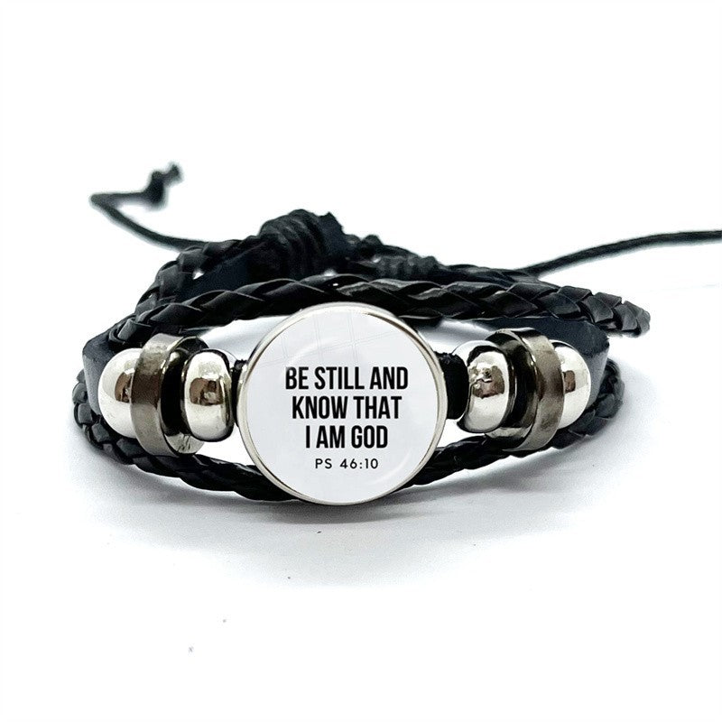 Black & Pink Braided Leather Couple Bracelet Set Psalm 46:10 Be Still Christian