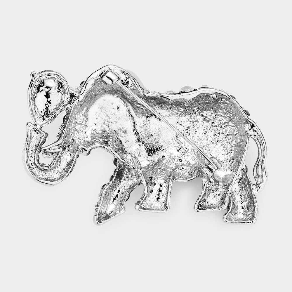 Silver Tone Red Rhinestone Elephant Brooch Crystal Lucky Animal Statement Pin