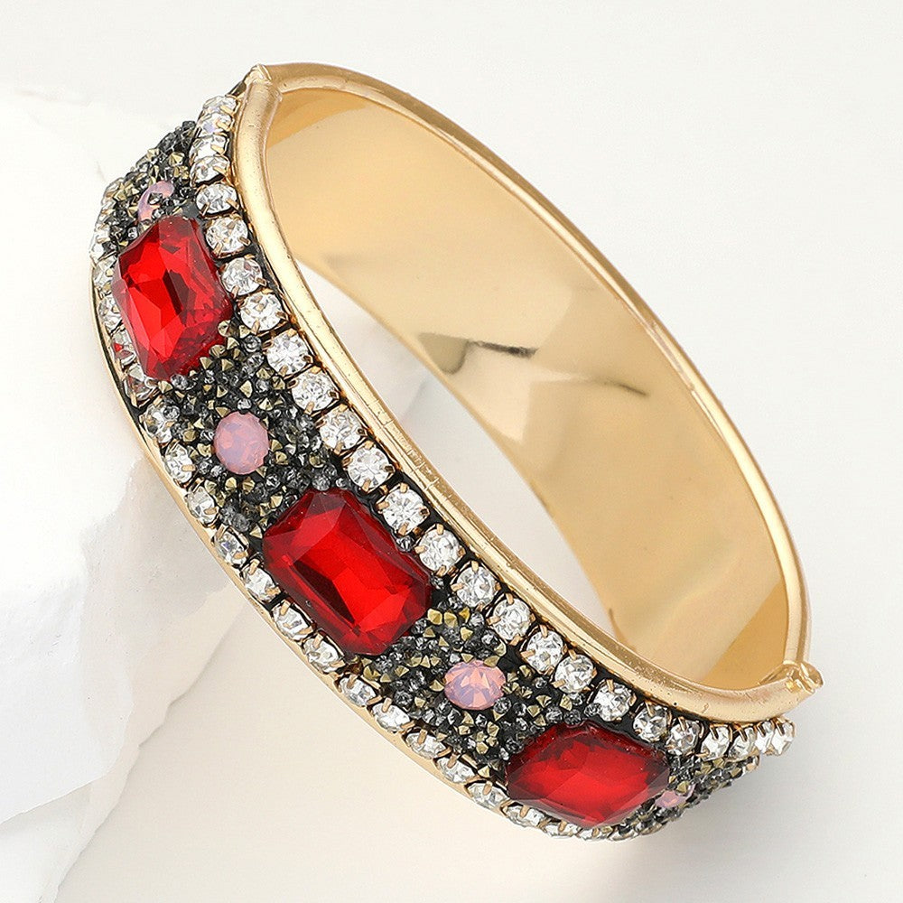 Sparkly Stone Embellished Gold Red Hinged Bangle Bracelet Women’s Jewelry
