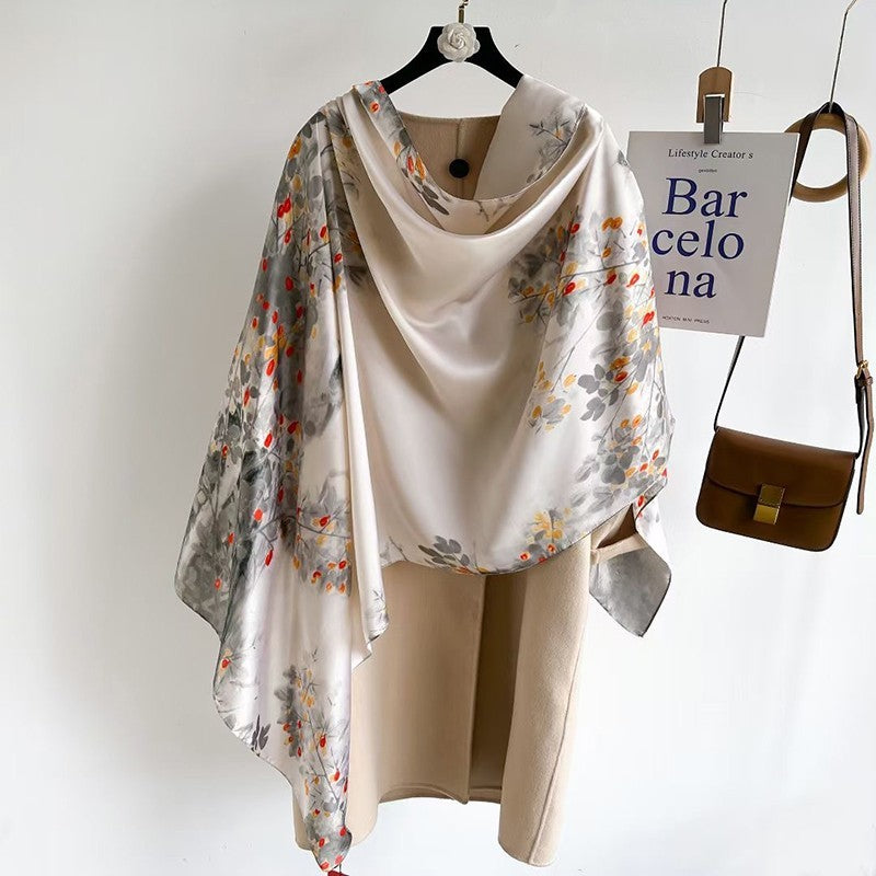 Cream Floral Black Pattern Scarf Wrap 71x35 in Large Silk Feel Shawl Soft
