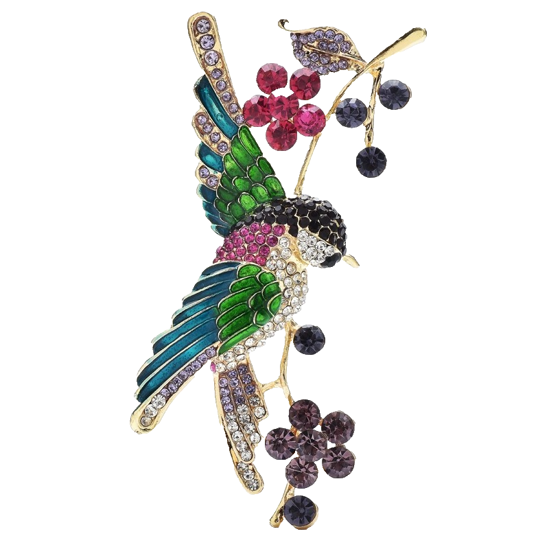 Rhinestone Bird on Branch Brooch Pin Multi Color Crystal Fashion Jewelry Gold To