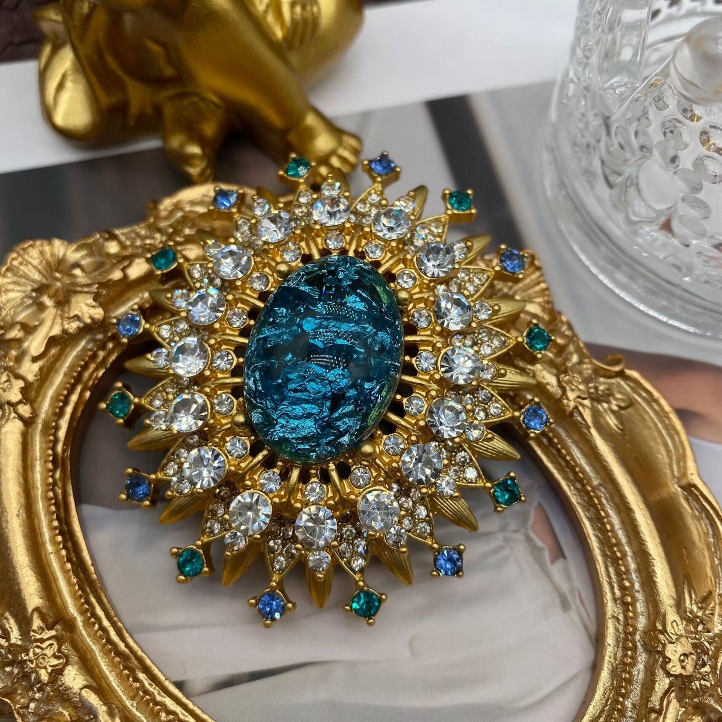 2pcs Vintage Sunburst Brooch Set Red Teal Foil Glass Rhinestone Gold Tone Pin