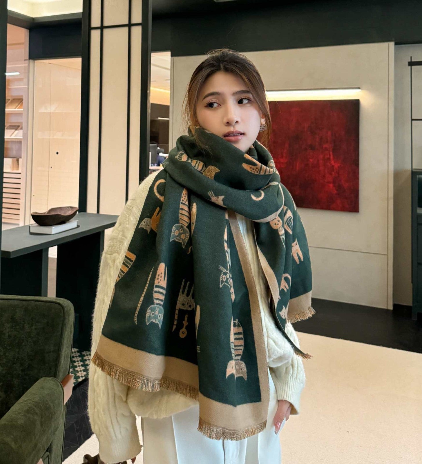 Whimsical Cat Print Scarf Shawl Cashmere Feel Winter Accessory