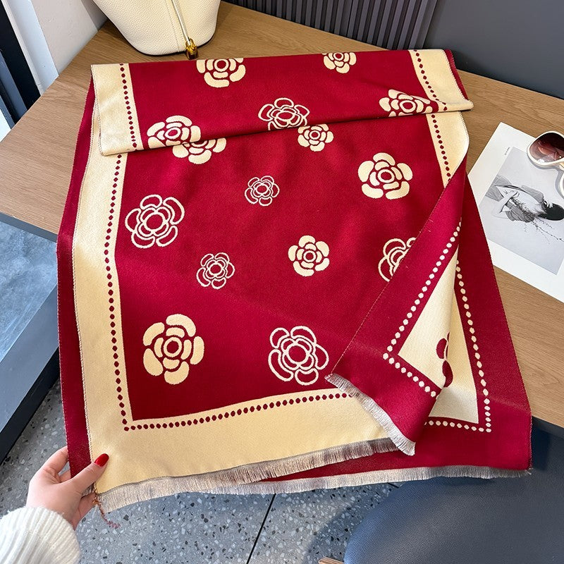 Red Camellia Floral Cashmere Feel Scarf Shawl Wrap 25.6 x 72.8 in Oversize Gift