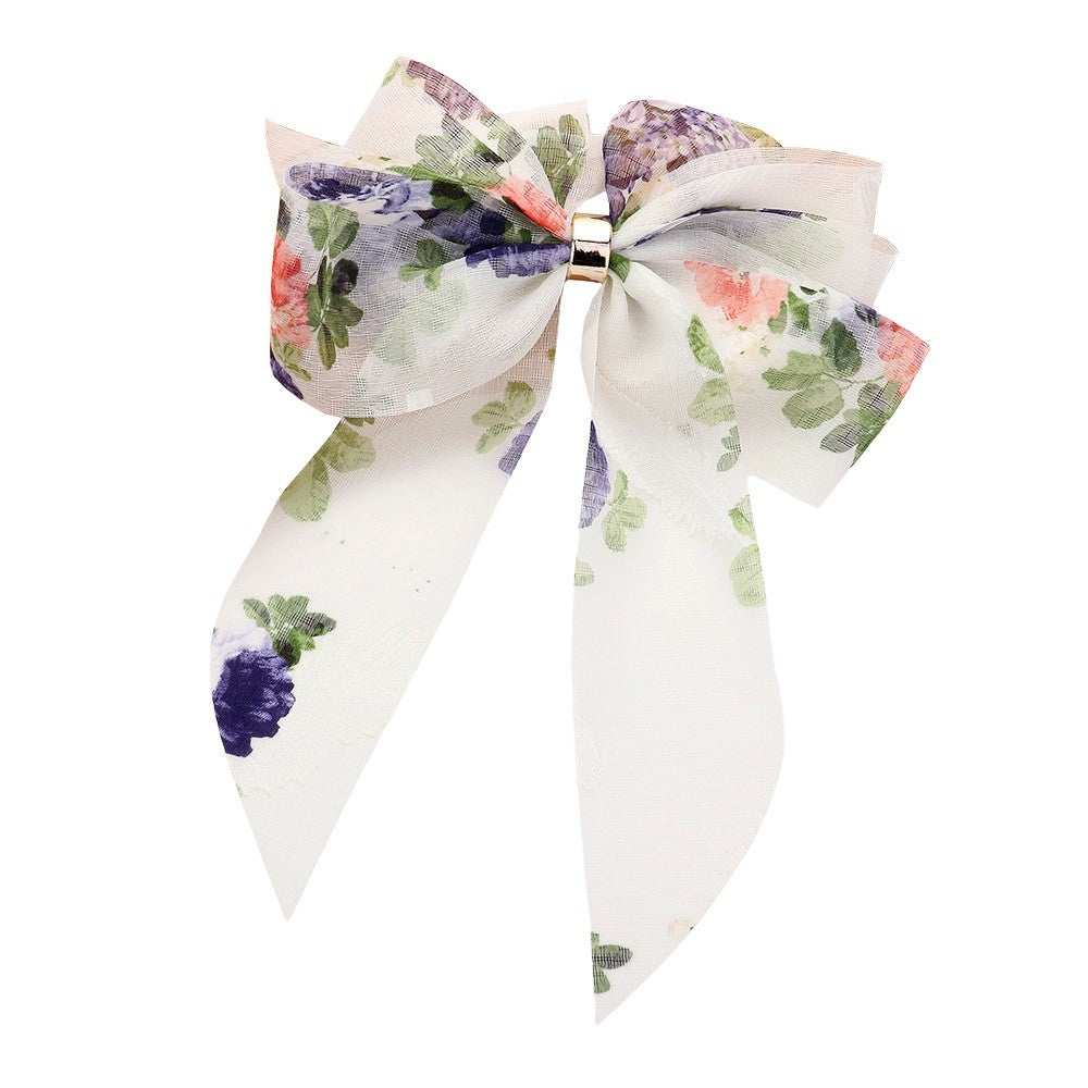 Floral Chiffon Long Ribbon Bow Hair Clip Summer White Botanical Floral Barrette