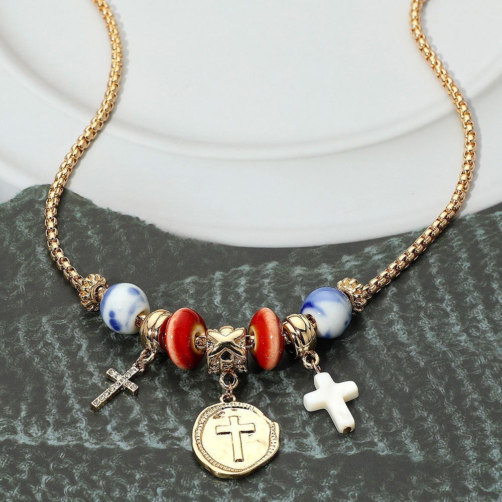 Gold Cross Ceramic Bead Charm Necklace Religious Pendant Jewelry for Women