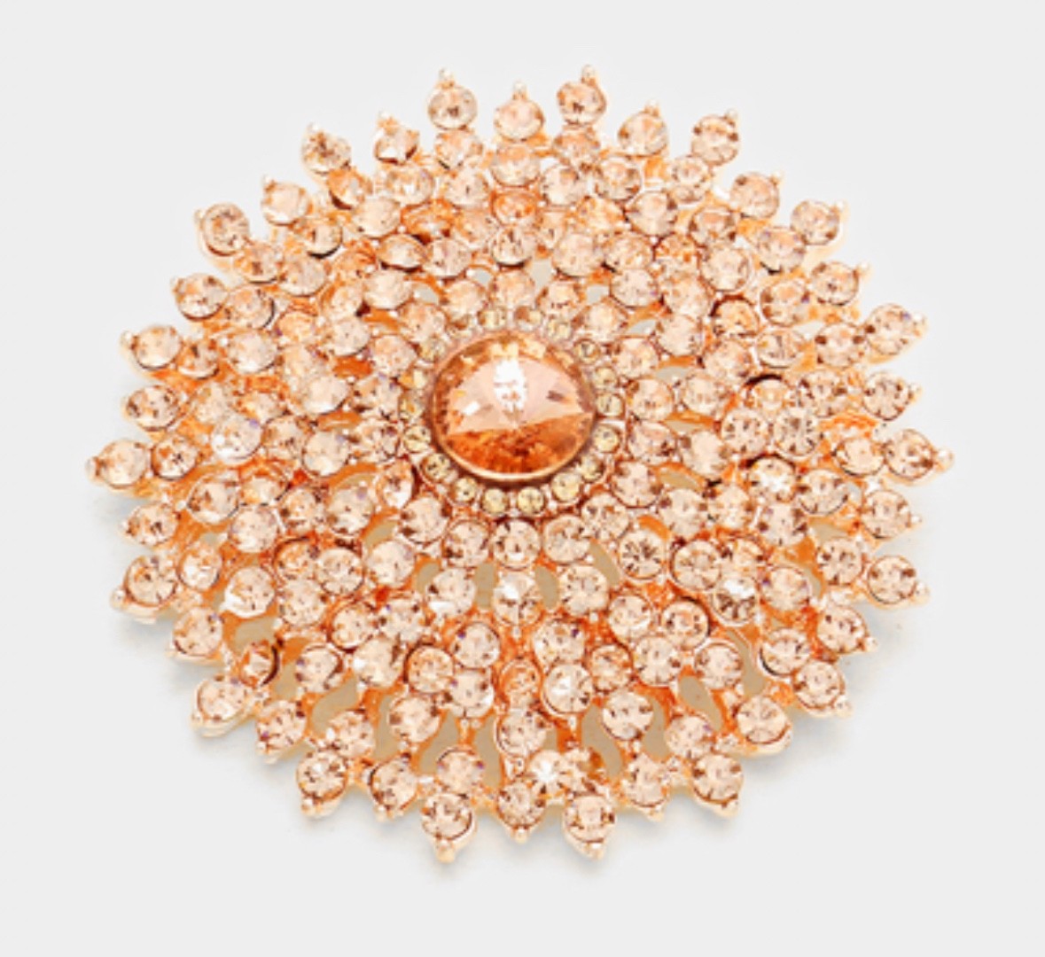 2pc Pieces Large Crystal Sunburst Brooch Set Blue Silver & Peach Gold Flower Pin