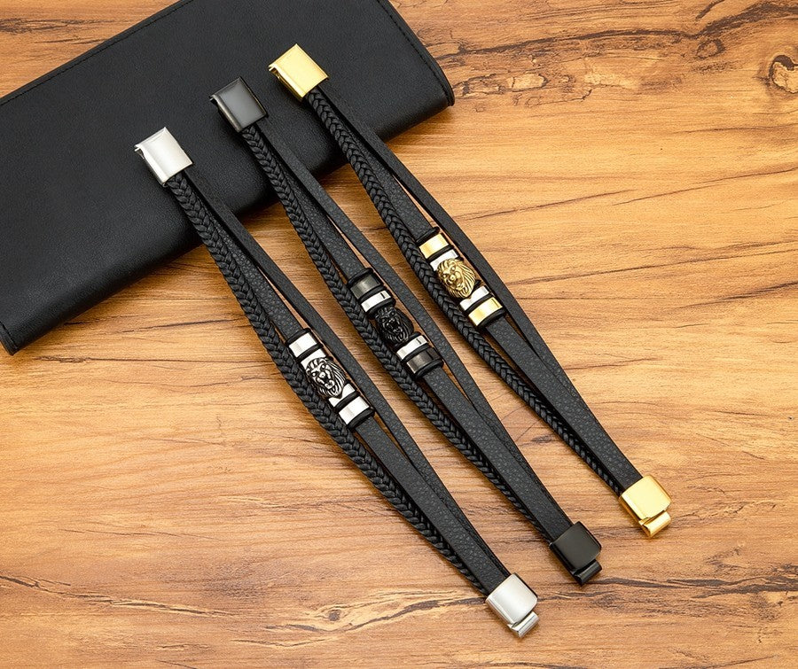 3 Colors Men Lion Head Leather Bracelet Set Stainless Steel Magnetic Clasp