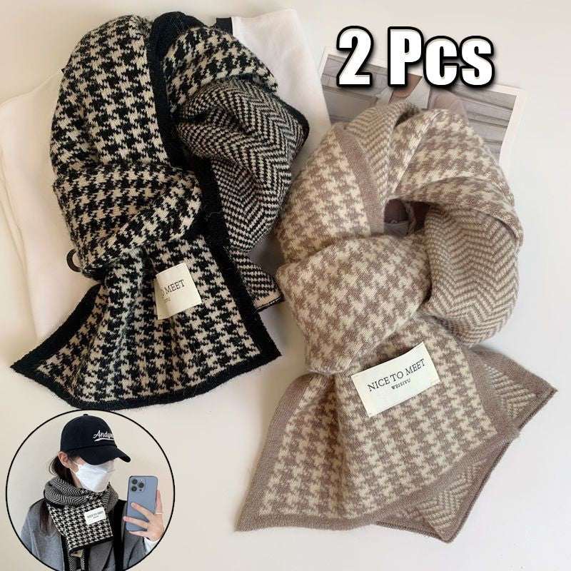 2PCS Houndstooth Winter Scarf Set Women Men Knit Warm Soft Fashion Style