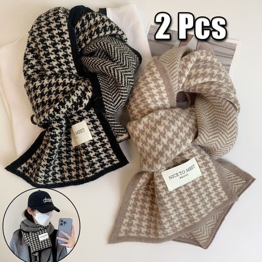 2PCS Houndstooth Winter Scarf Set Women Men Knit Warm Soft Fashion Style