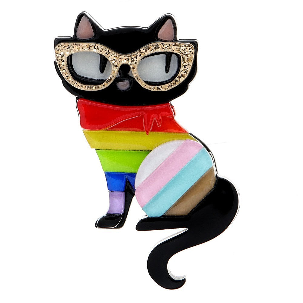 Colorful Acrylic Cat Brooch Pin Sparkle Glitter Glasses Fun Whimsical Badge