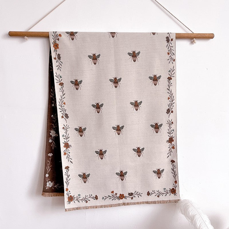 Warm Reversible Bee Floral Scarf Shawl Wrap Beige Brown Polyester Cashmere Feel