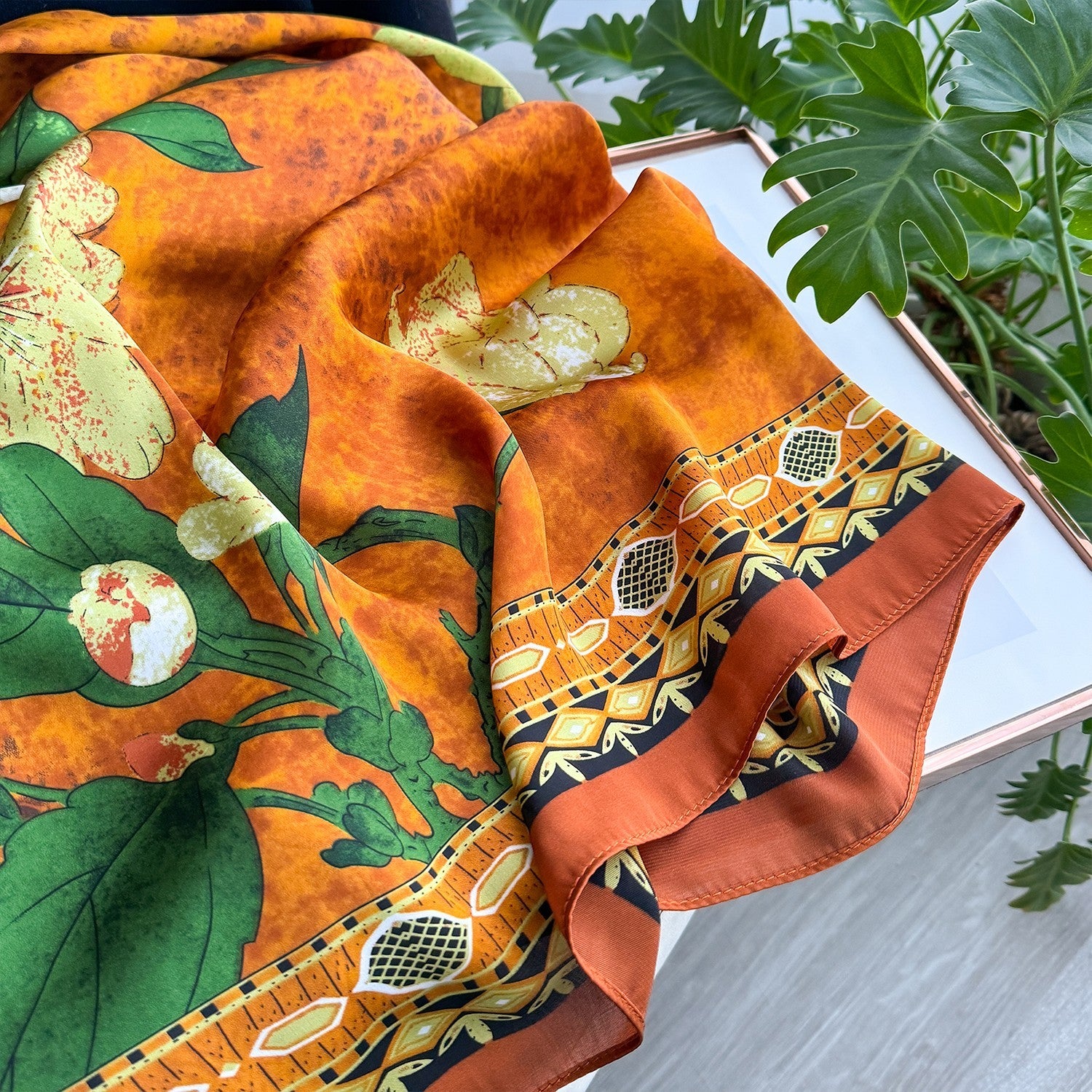 Orange Floral Print Scarf Wrap Silk Feel Large 71x35in Women's Gift