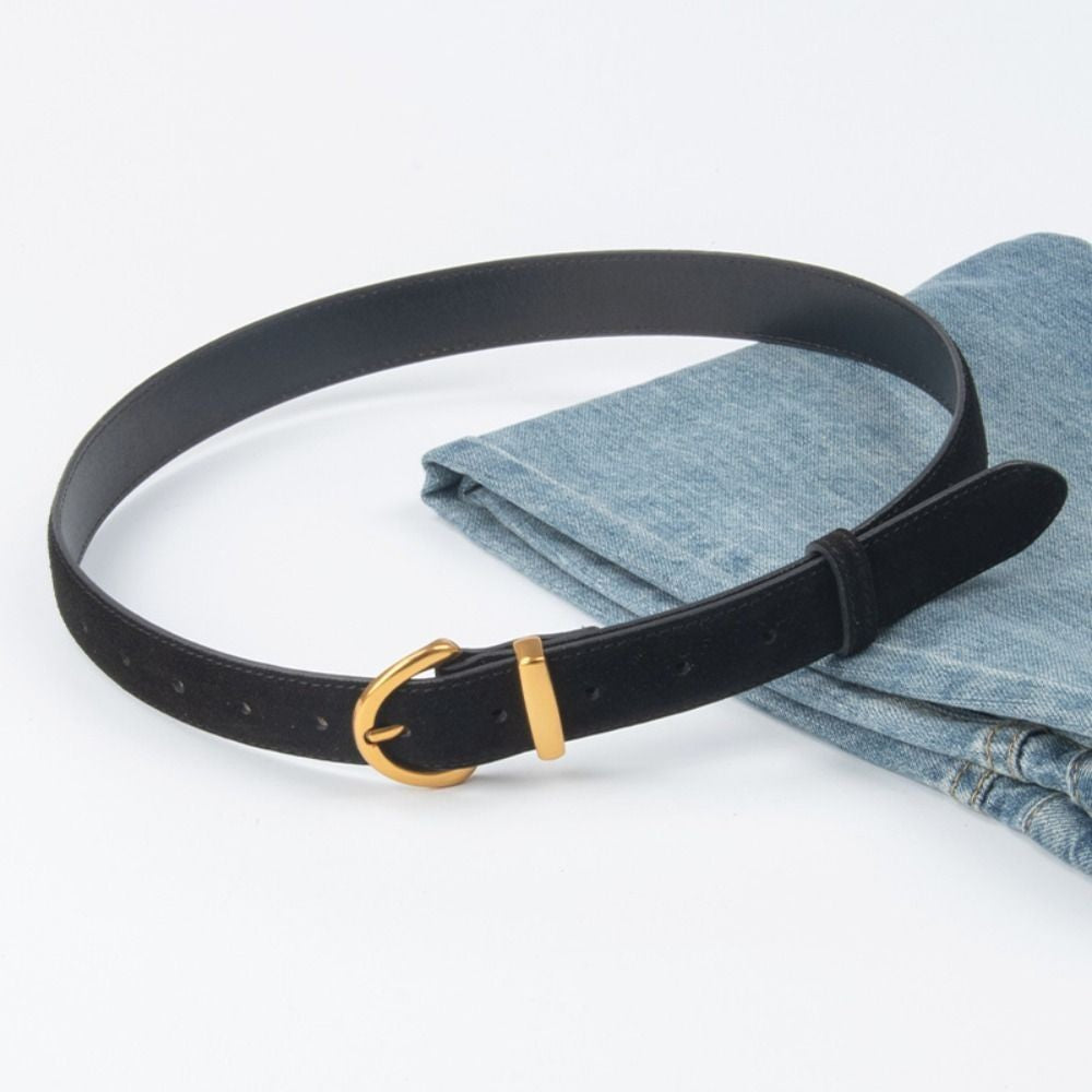 2pcs Women Suede Leather Belt Gold Horseshoe Buckle Set Black Brown 41in