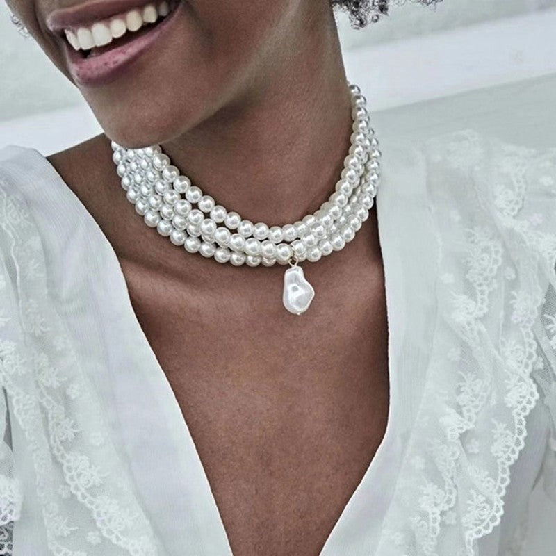 4 Row Faux Pearl Choker Necklace Baroque Pearl Pendant Statement Bridal Jewelry