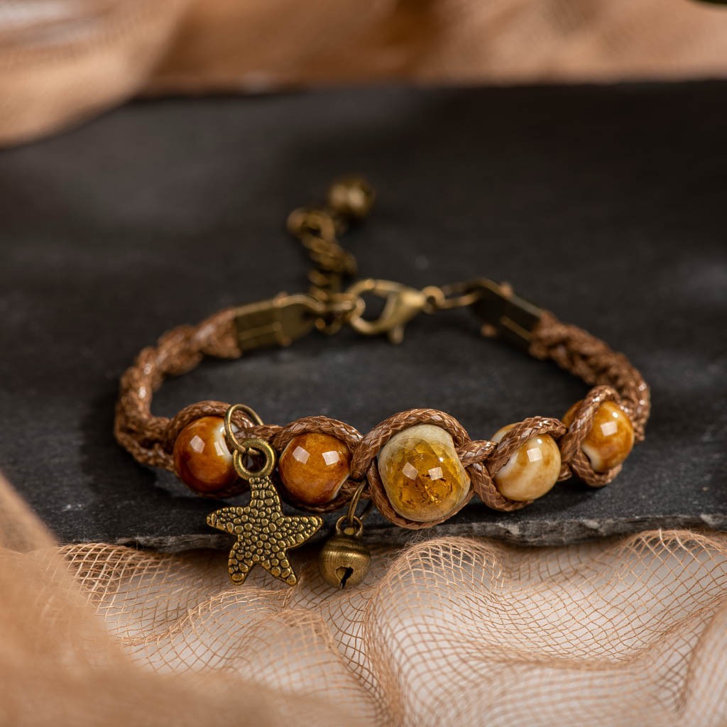 Earthy Ceramic Bead Woven Bracelet Amber Starfish Charm Adjustable Boho