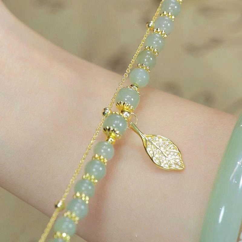 3pcs Green Jade Beaded Bracelets with Gold Leaf Charm & Chain Women's Jewelry
