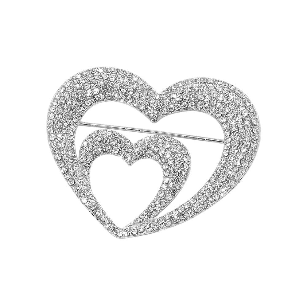 2pc Red & Silver Rhinestone Double Heart Brooch Pins Interlocking Jewelry Set