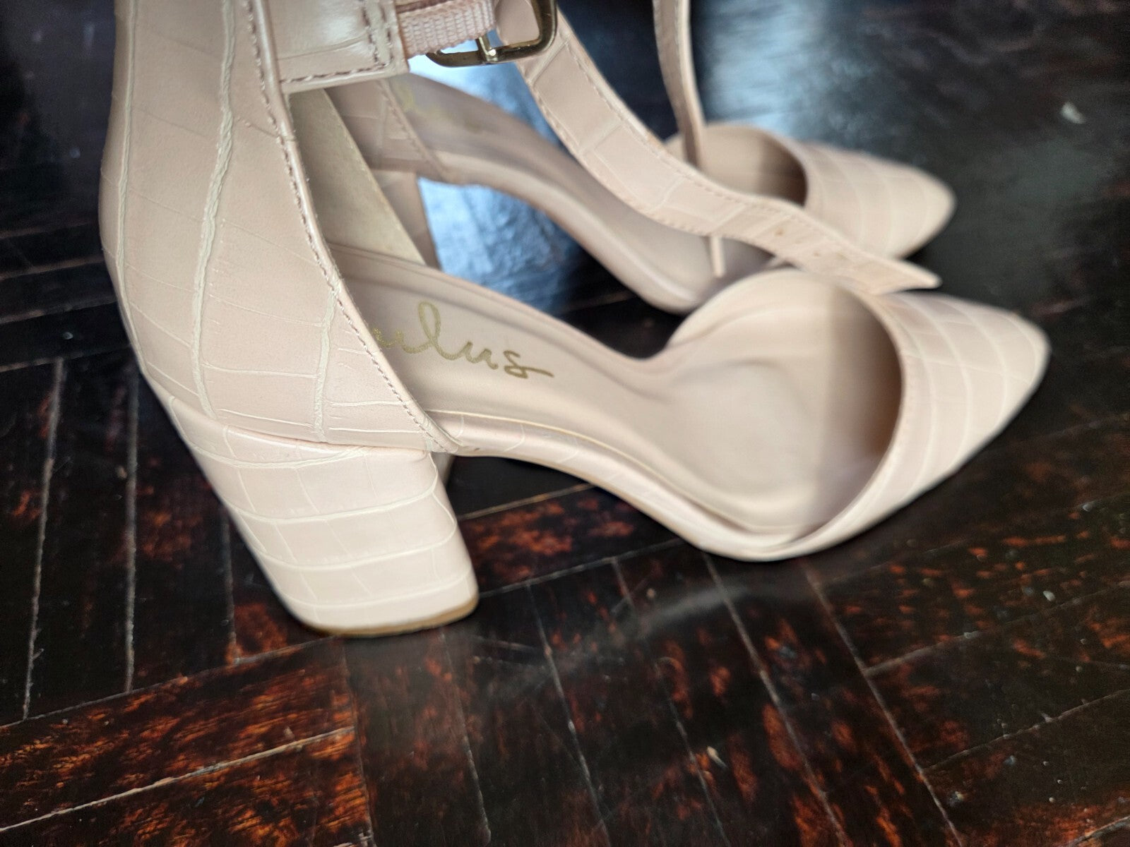 Ellarose Nude Crocodile Ankle Strap Heels for Women Round Toe Platforms  US 6.5