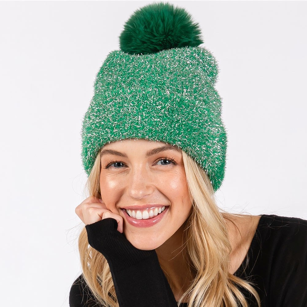 Green Metallic Tinsel Beanie with Faux Fur Pom - 100% Nylon Fleece Lined Hat