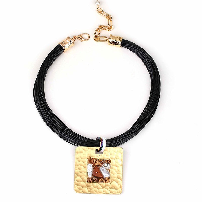 Chunky Hammered Gold Tone Necklace Multi-Strand Pendant Boho Statement Jewelry