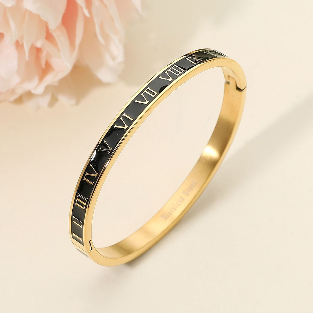 Gold Tone Stainless Black Enamel Inlay Roman Numeral Hinged Bangle Bracelet