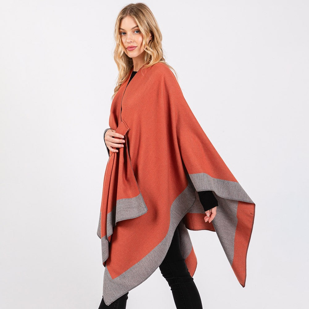 Two Tone Ruana Poncho Women Pull Through Shawl Knit Cape Wrap Cozy Layering