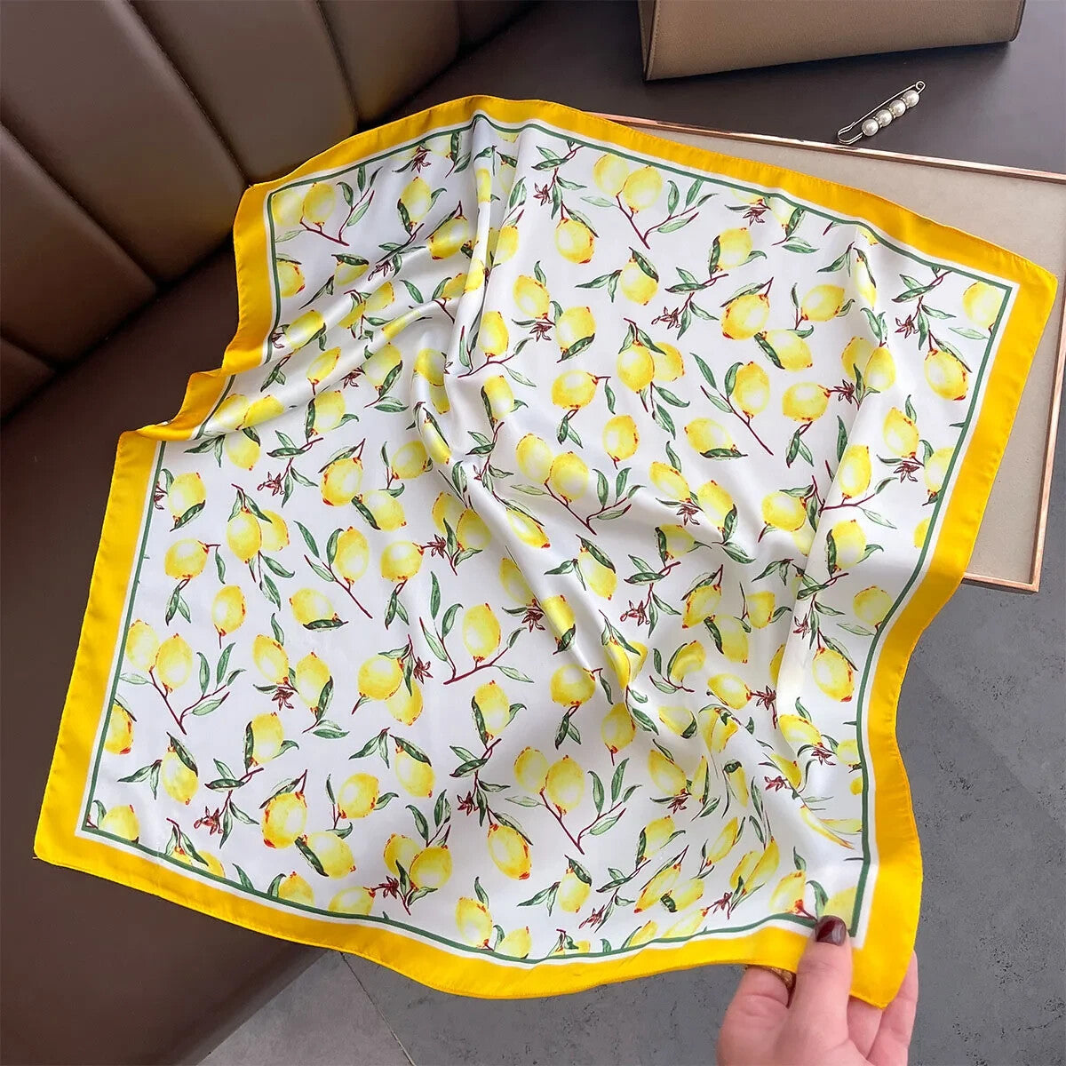Yellow Lemon Print Square Silk Feel Scarf for Women 70x70cm Neckerchief
