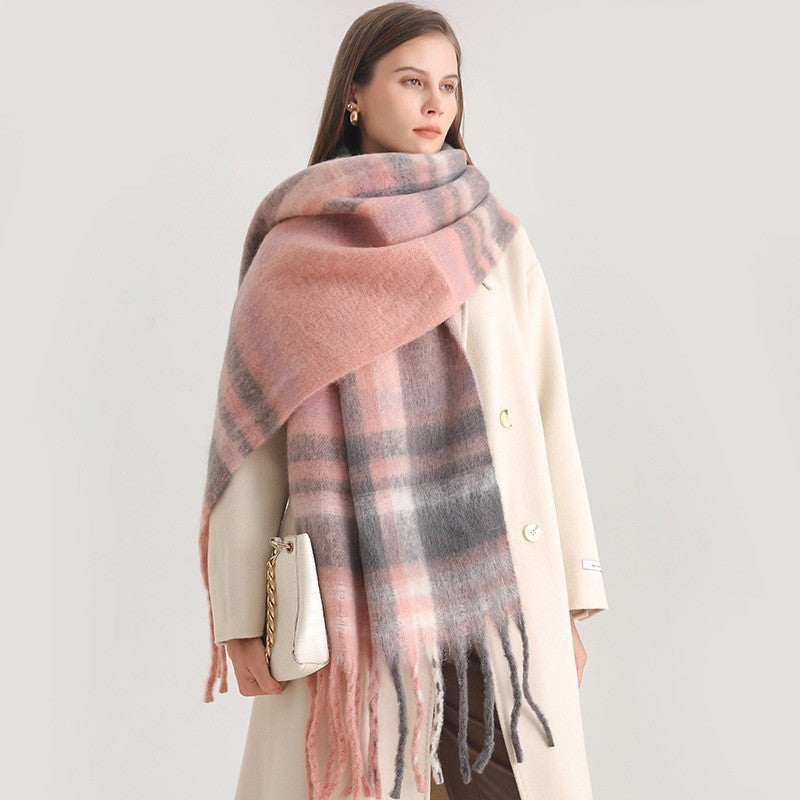 Plaid Checkered Scarf Womens Winter Warm Pink Gray Fringe Wrap