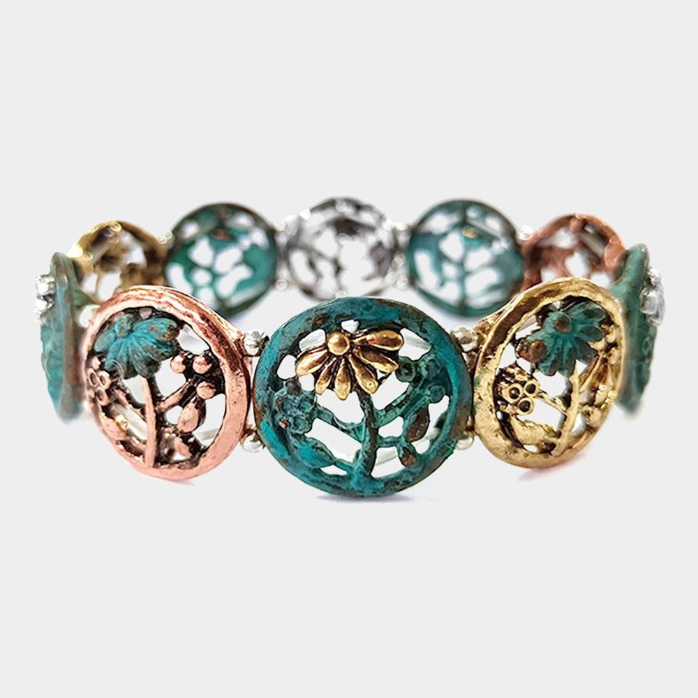 Floral Medallion Stretch Bracelet Gold Copper Silver Teal Boho Vintage Look
