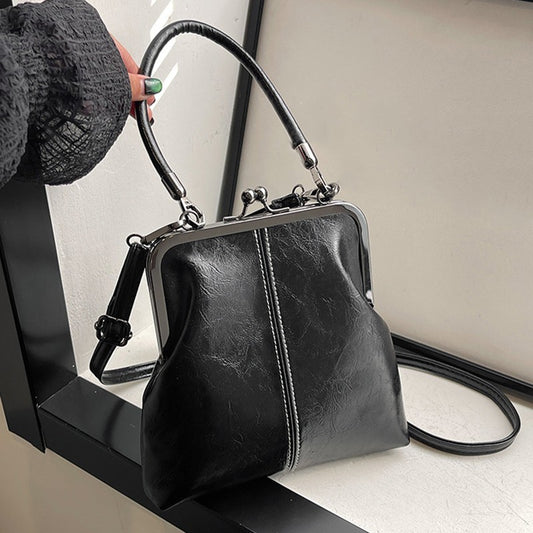 Vintage Black Kiss Lock Frame Bag Shoulder Crossbody Handbag Purse Retro Clutch