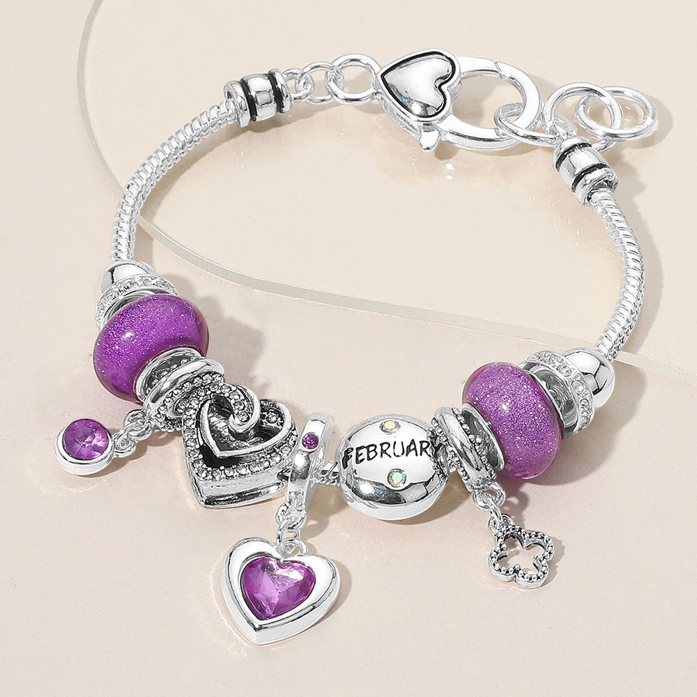 February Birthstone Bracelet Purple Beaded Heart Charm Stretch Jewelry Gift
