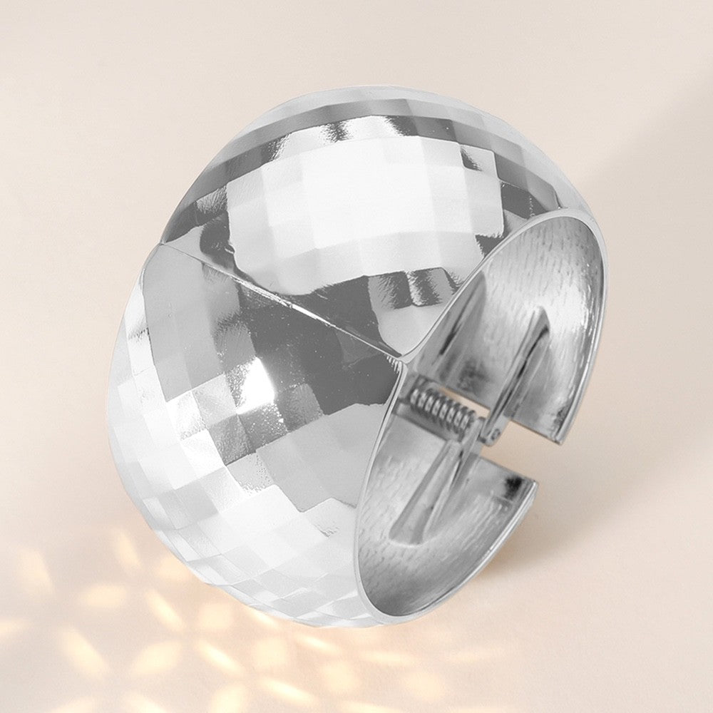 Metallic Silver Faceted Honeycomb Wide Chunky Hinge Fashion Cuff