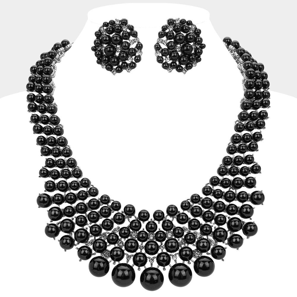 Black Imitation Pearl Embellished Collar Necklace and Earrings Set for Women