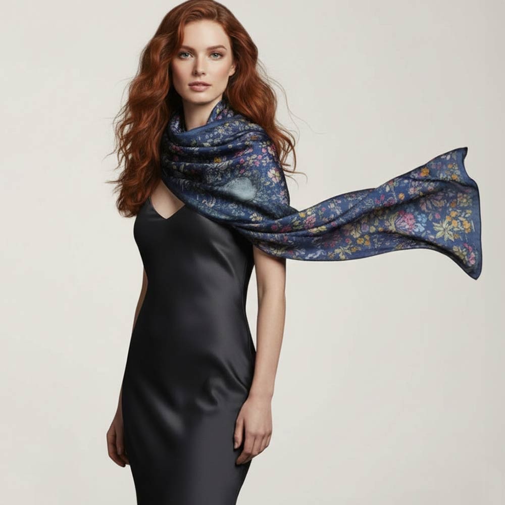 Vintage Navy Blue Floral Garden Silk Touch Large Scarf Shawl