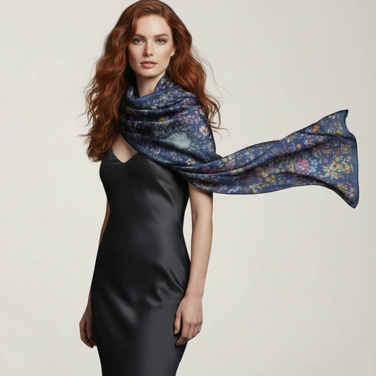 Vintage Navy Blue Floral Garden Silk Touch Large Scarf Shawl