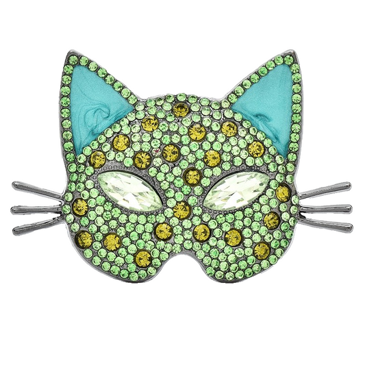 Cat Face Brooch Green Yellow Rhinestone Whiskers Costume Jewelry Statement Pin