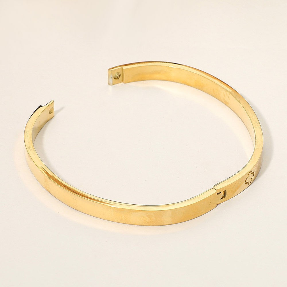 Gold Stainless Steel Hinged Bangle Bracelet Clover Cubic Zirconia Women