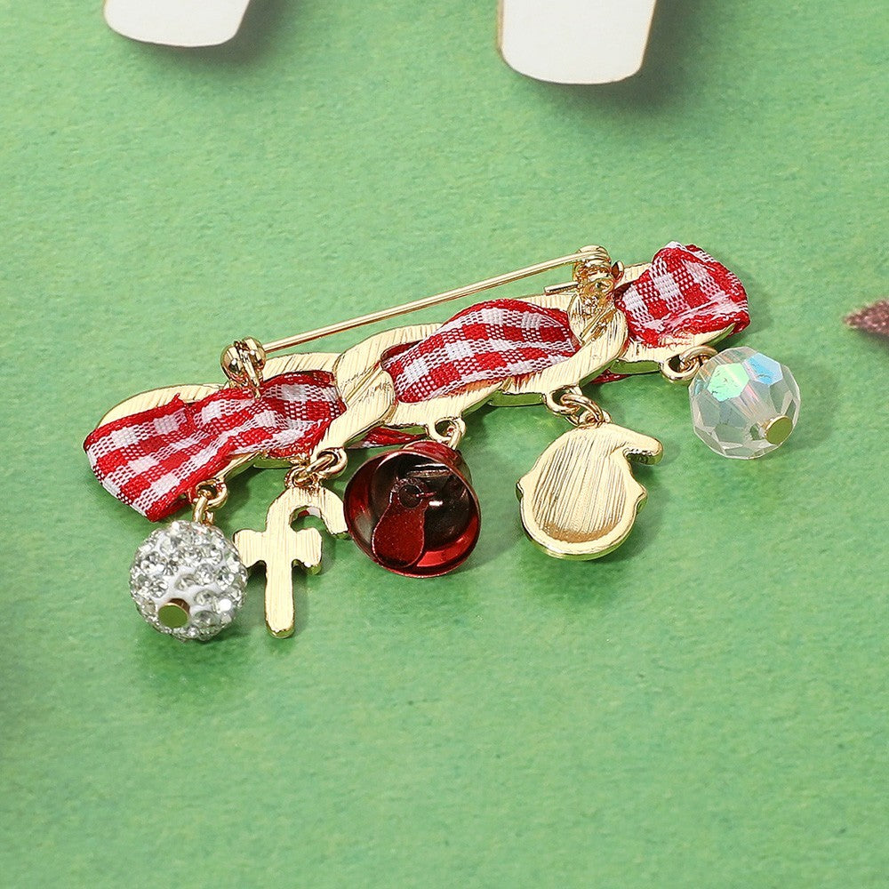 Santa Holiday Charm Brooch Pin Gold-Tone Christmas Ribbon Enamel Rhinestone