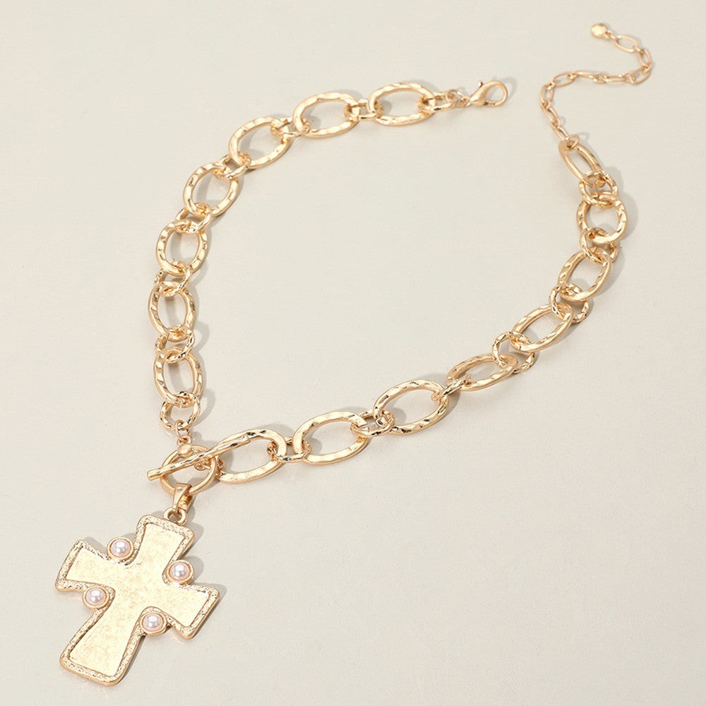 Gold Chain Cross Necklace for Women – Hammered Pendant with Faux Pearls