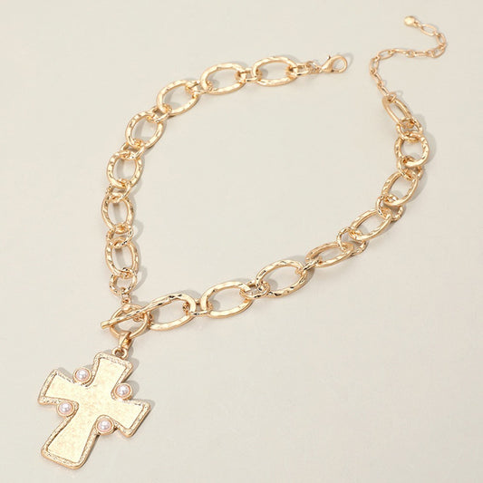 Gold Chain Cross Necklace for Women – Hammered Pendant with Faux Pearls