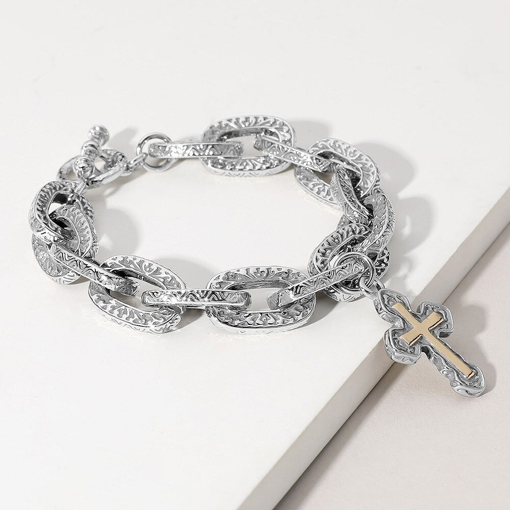 14K Gold Plated Two Tone Cross Charm Toggle Bracelet Chunky Chain Jewelry