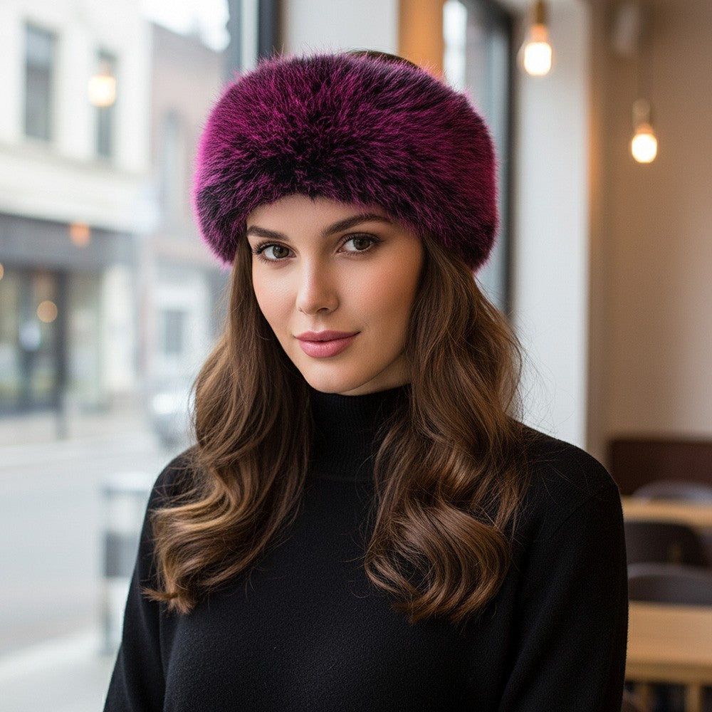 2pcs Faux Fur Headband Set Winter Ear Warmer Stretchy Burgundy Grey