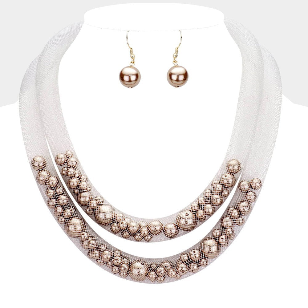 Double Mesh Tube Double Layered Pearl Collar Necklace & Earrings Set for Women