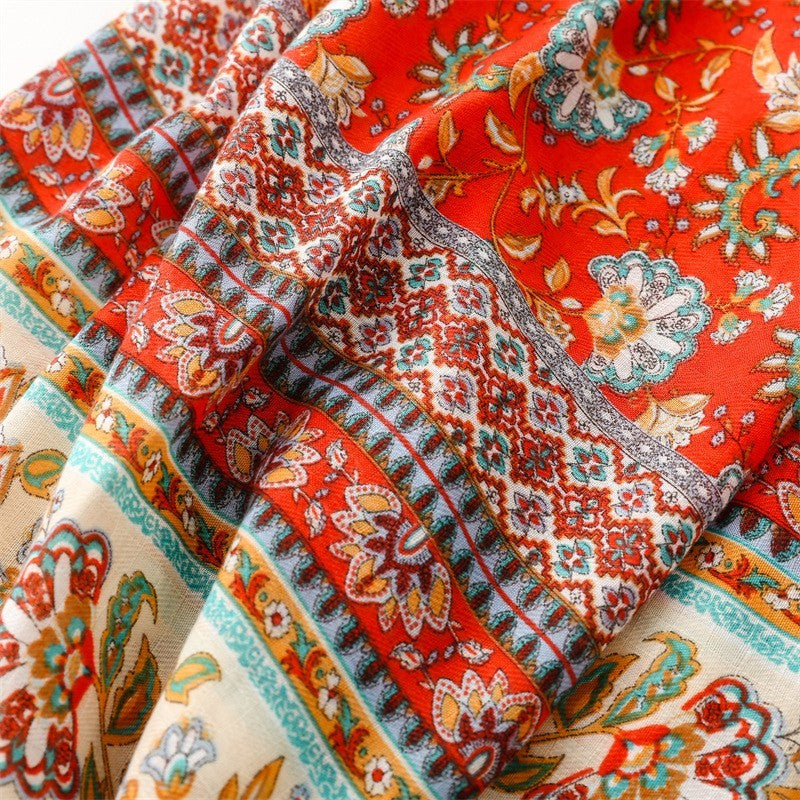 Boho Chic Floral Print Scarf for Women Soft Lightweight Cotton Tassel Wrap