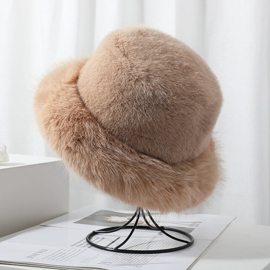 Faux Fur Bucket Hat Women Winter Warm Fluffy Fisherman Cap Light Brown Adjustabl