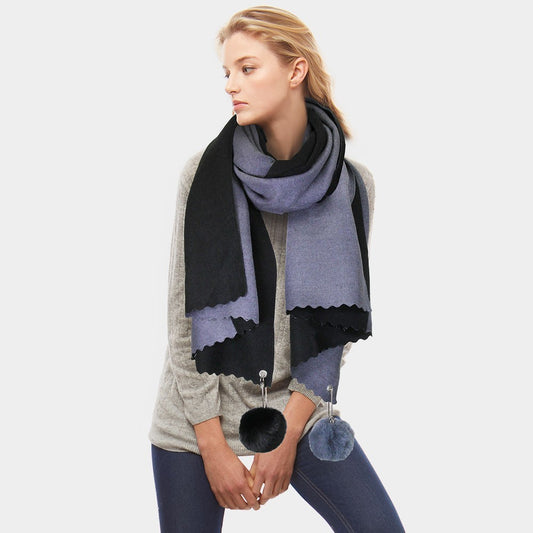 Cashmere Feel Reversible Pom Pom Scarf Women Winter Warm Soft Long Wrap for Lady